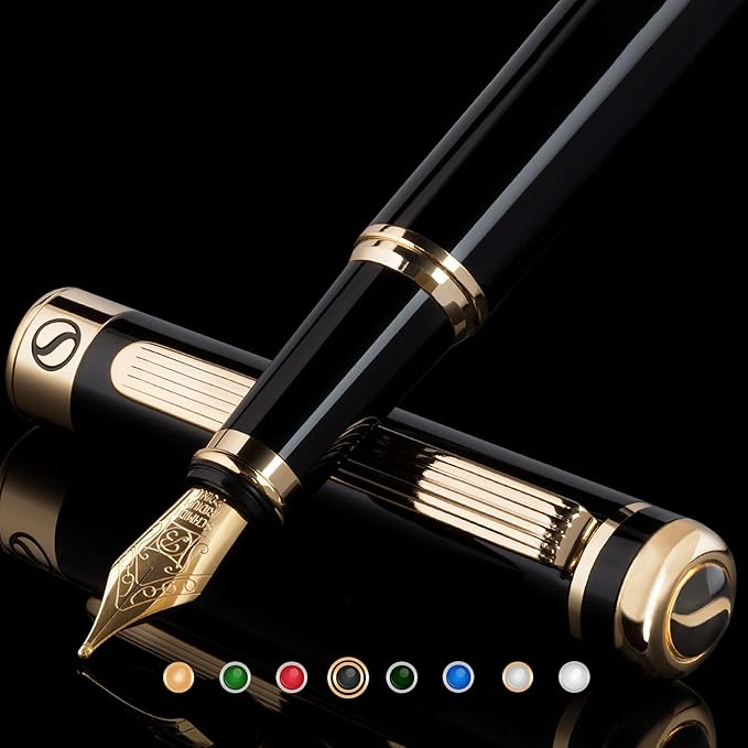 Scriveiner Black Lacquer Fountain Pen - Stunning Luxury Pen, Real Gold Finish, Schmidt Gilded Nib (Broad), Best Pen Gift Set for Men & Women, Professional, Executive, Office, Nice Pens