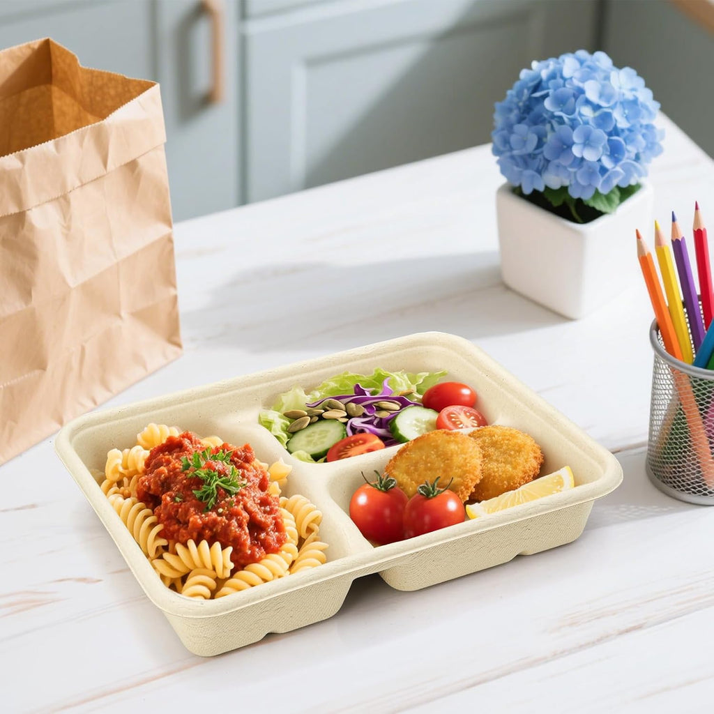 yesland 100 pack compostable paper plates, natural sugarcane on a desk or shelf