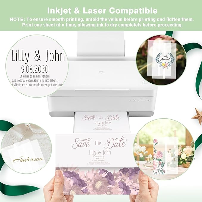 JAGERGREEN 50 Pack Vellum Jackets for 5x7 Invitations Pre-Folded, 115 GSM Translucent Printable Vellum Paper 5x7, Vellum Wraps for Wedding Invitations Sleeves, Birthday Greeting Cards, DIY Crafts
