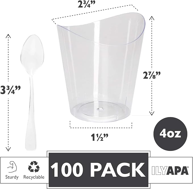 Ilyapa 4oz Plastic Dessert Cups - 100 Pack Mini Dessert Cups with Spoons - Clear Reusable Small Appetizer Cup for Cheesecake Shooters, Chocolate Mousse, Parfait - Party and Catering Supplies - Round