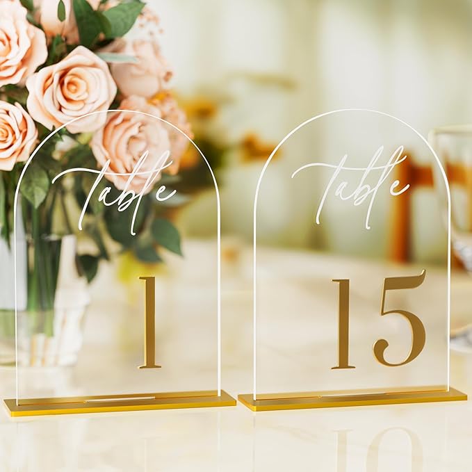 Arch Wedding Table Numbers 1-15 with Stands, Elegant Gold Number 5.5 x 7” Arch Acrylic Signs with Holder, Clear Acrylic Table Numbers for Wedding Reception, Anniversary, Party, Events