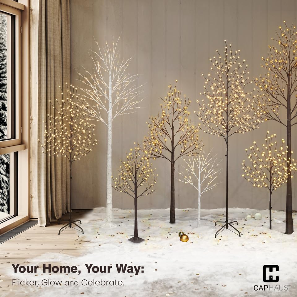 Fencer Wire Set of 3 Brown Birch Trees with Lights, 4/6/8 Ft Pre-Lit Twinkling Twig Trees, Warm White LED, Lighted Birch Trees for Indoor Decor, Light Up Brown Christmas Trees