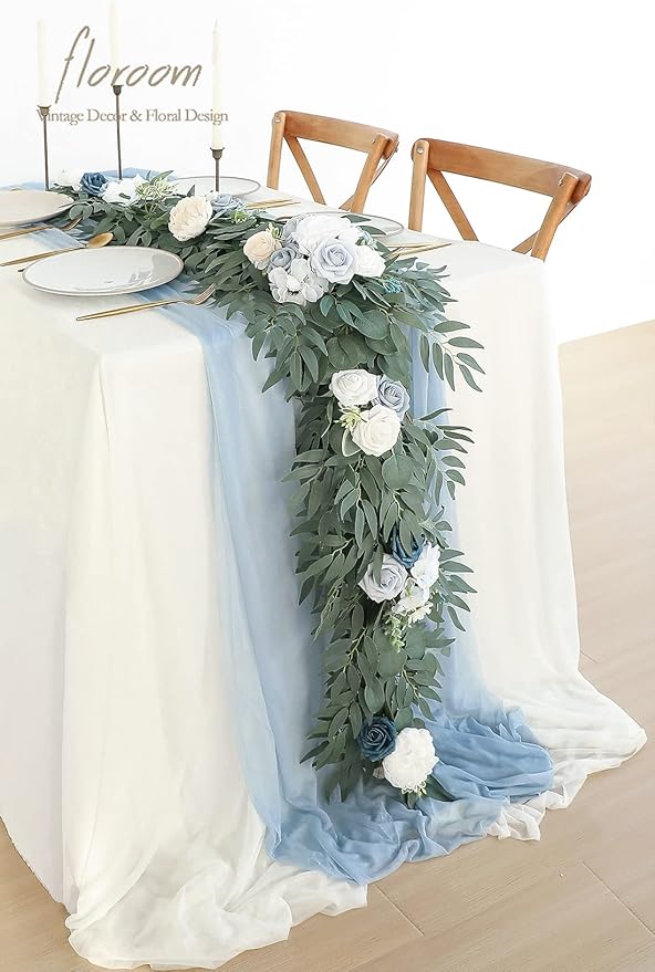 Floroom 6ft Artificial Eucalyptus Garland with Flowers Fake Greenery Faux Floral Vine Garland for Table Decor Wedding Centerpieces Bridal Shower Party Decorations, Dusty Blue
