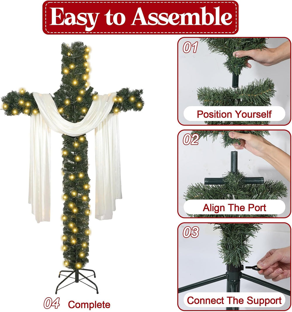 7ft Christmas Cross Tree with Light & Scarf