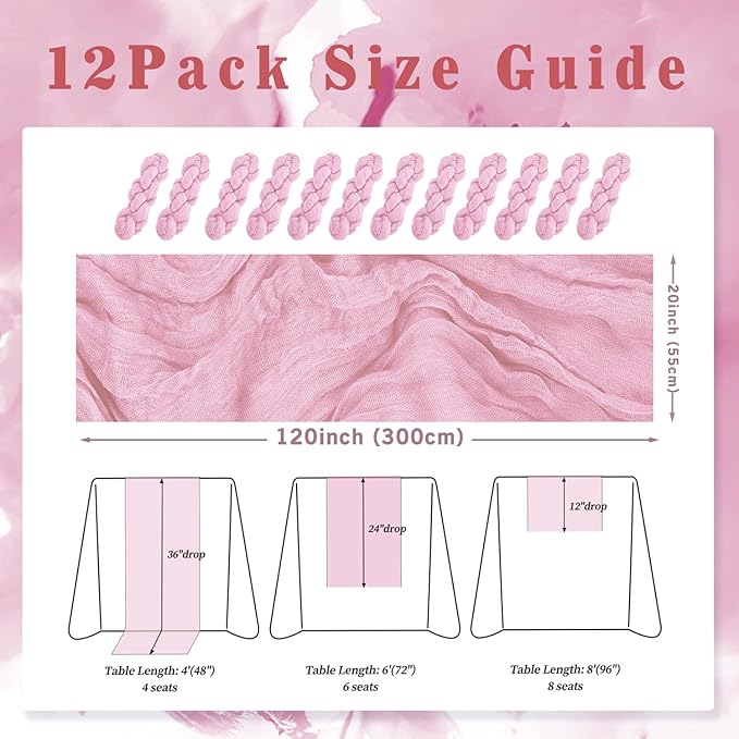 Light Pink Cheesecloth Table Runner 12 Pack 10FT Rustic Gauze Fabric Cheese Cloth Table Runner for Wedding 20 x 120 Inch Long Bridal Baby Shower Table Decorations Boho Sheer Birthday Party Table Decor