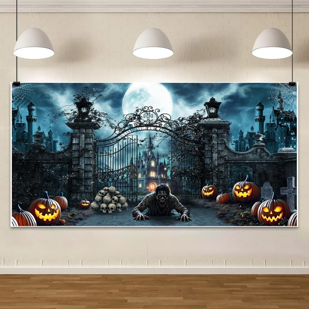 20x10ft Scary Halloween Night Eve Backdrop Horror Iron Gate Pumpkin Lantern C...
