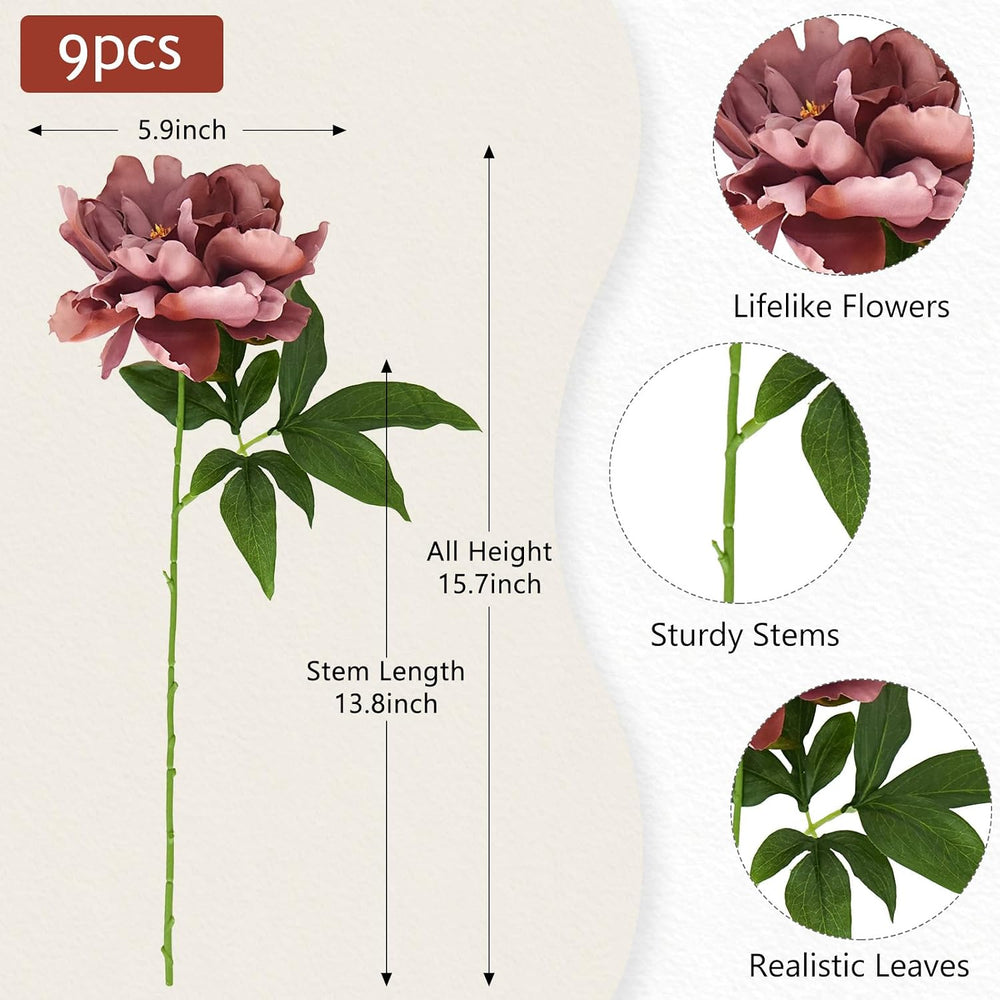 9Pcs Red Artificial Peony Flowers, Large Silk Flower Heads