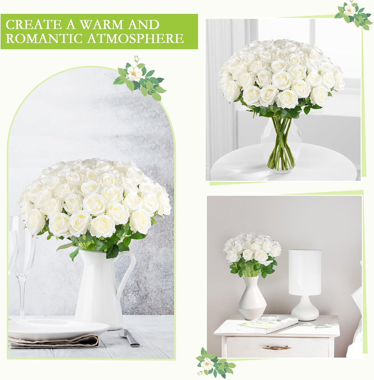 Hananona 50 Pcs Artificial Roses, Realistic Silk Flowers Bulk, White
