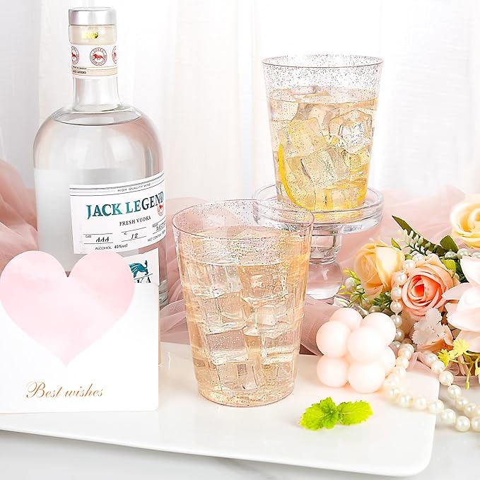 DaYammi 100 Pack 10oz Pink Plastic Cups, Premium Disposable Rose Gold Glitter Plastic Cups for Martini and Cocktail, Hard Clear Disposable Cup with Pink Glitter Perfect for Fancy Wedding Party