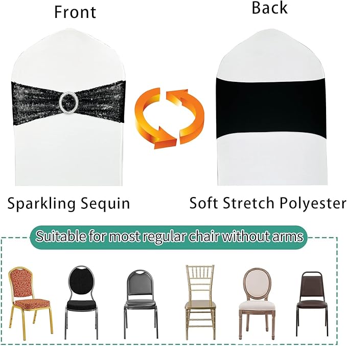100 Pcs Chair Sashes Sequin Stretch Chair Bands Spandex Polyester Bows for Party Hotel Wedding Banquets Decoration - Black