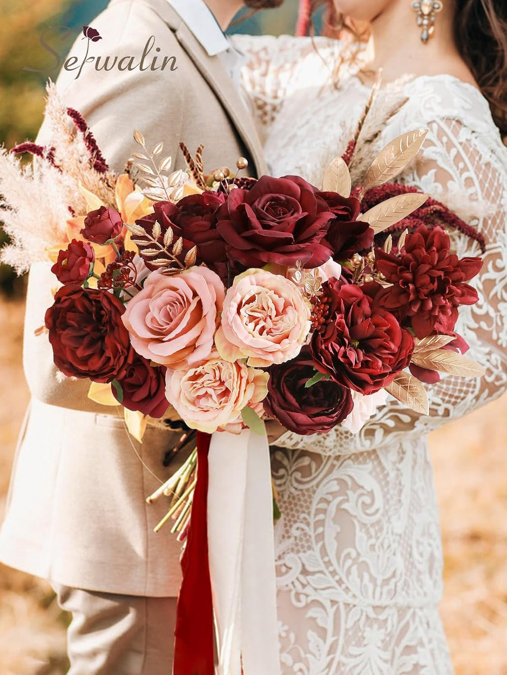 Burgundy Pink Artificial Flowers, Fake Silk Flowers for Wedding