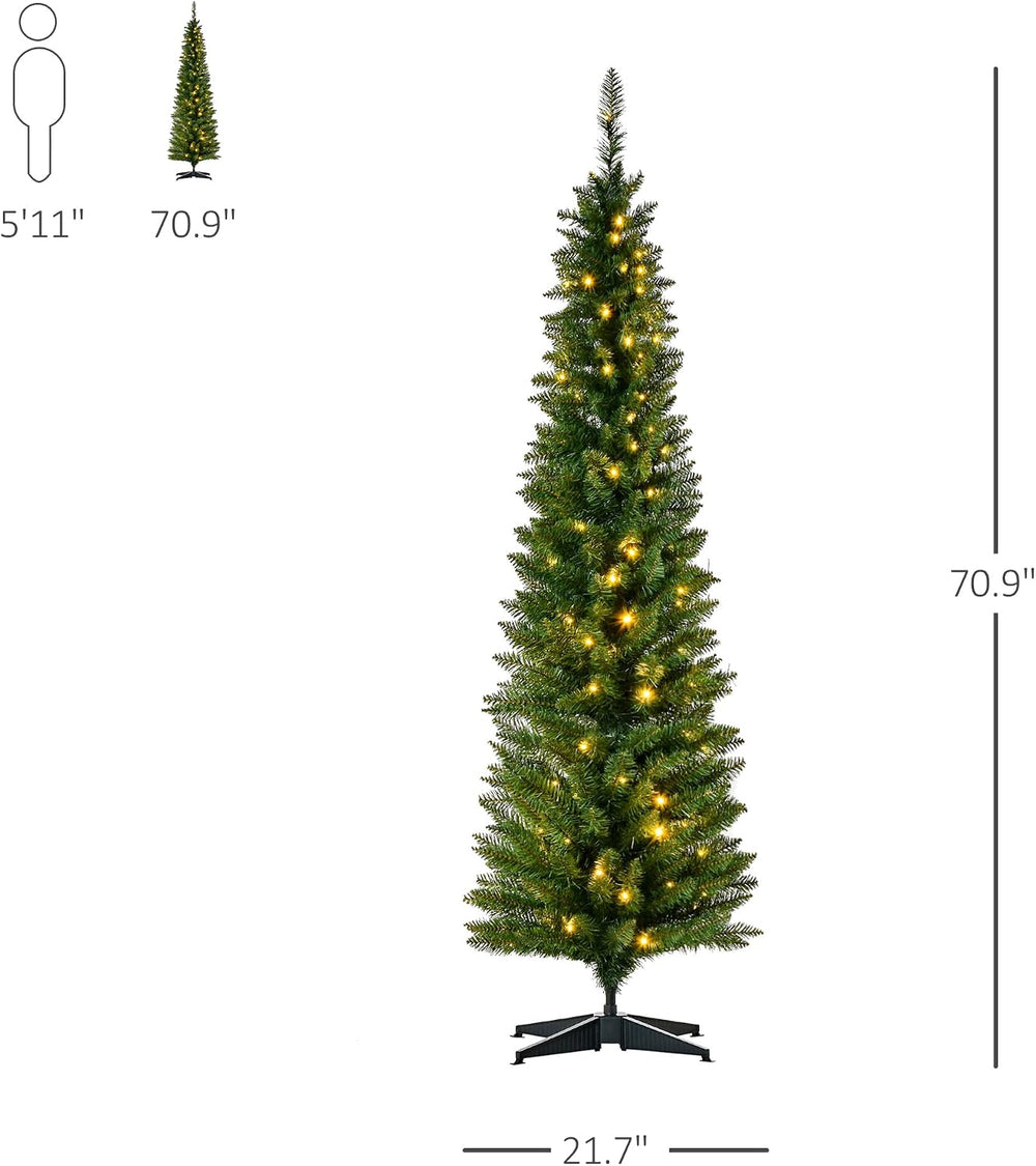 HOMCOM Noble Fir Artificial Pencil Christmas Tree Prelit 6' Green