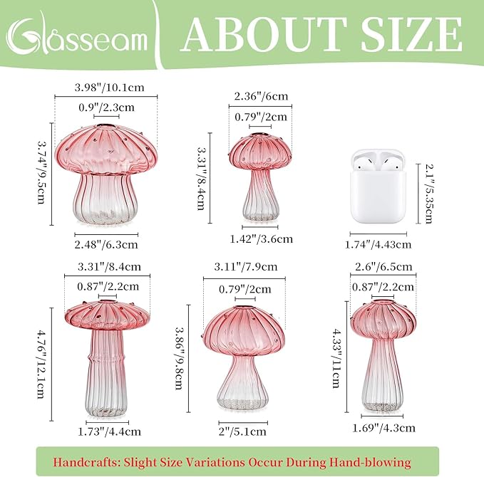 Glasseam Mushroom Plant Propagation Stations: Pink Glass Terrarium Jar Set of 10 Cute Planters for Indoor Plants Mini Propagate Station Unique Christmas Birthday Gifts for Women Home Office Decor (5 Pcs)