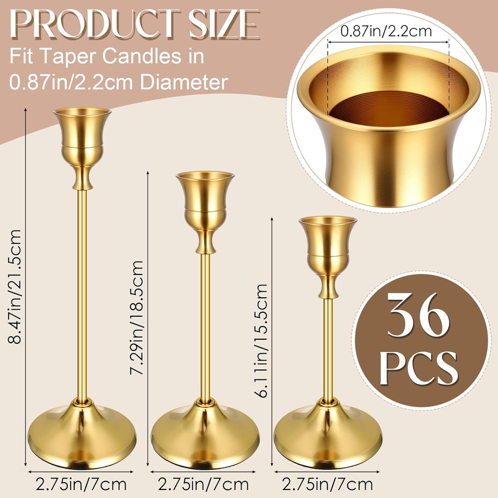 36PCS Brass Gold Taper Candle Holders Set, Vintage Metal Candlestick