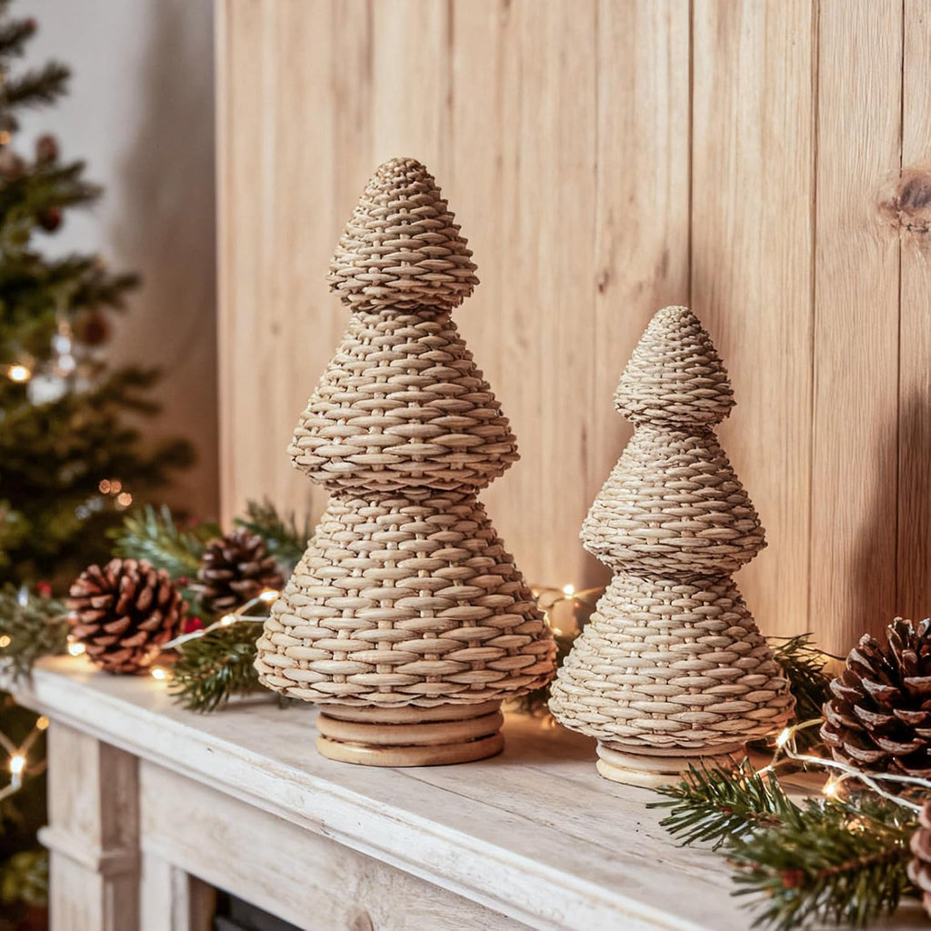 dn deconation brown christmas tree figurines, natural rattan shown in use