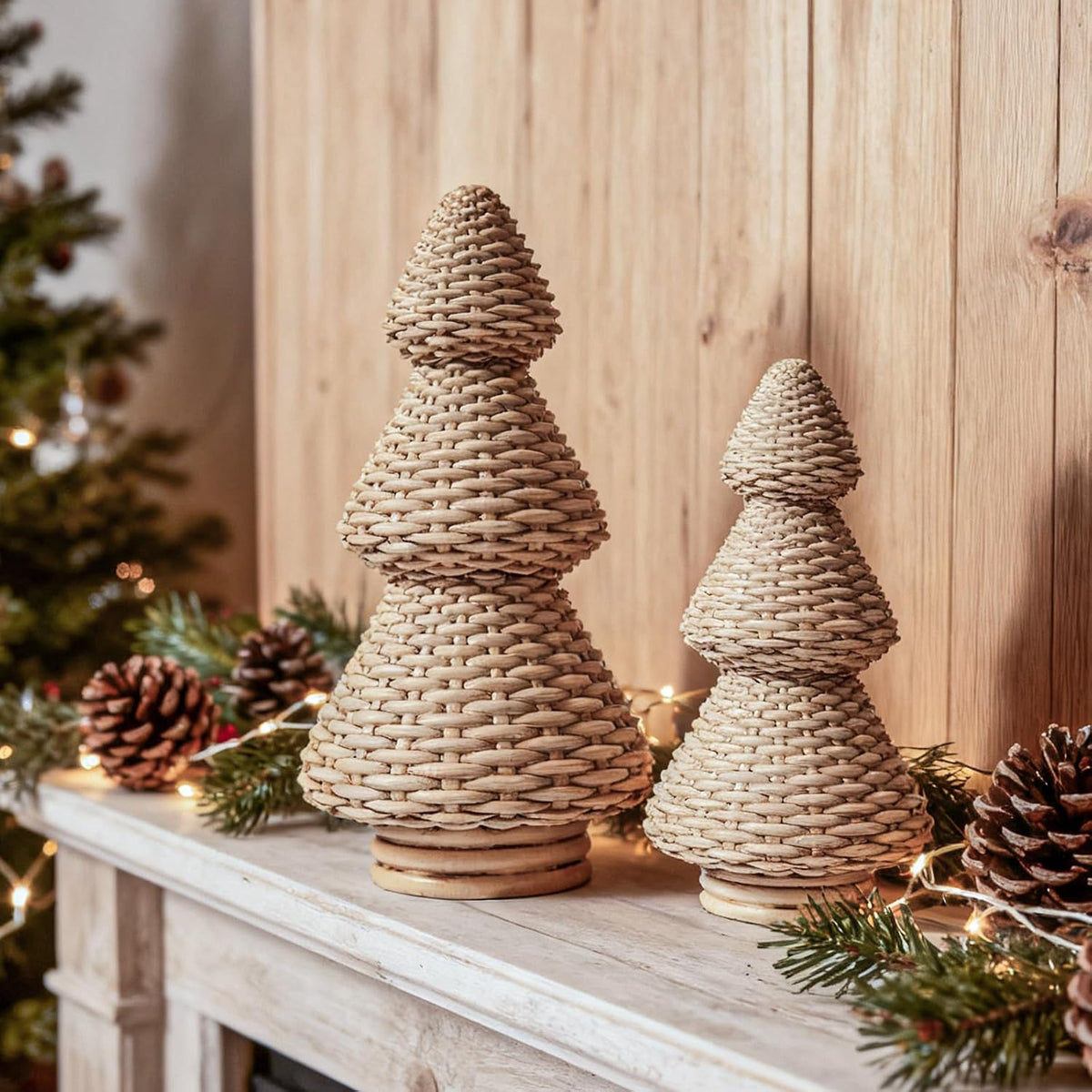 dn deconation brown christmas tree figurines, natural rattan shown in use