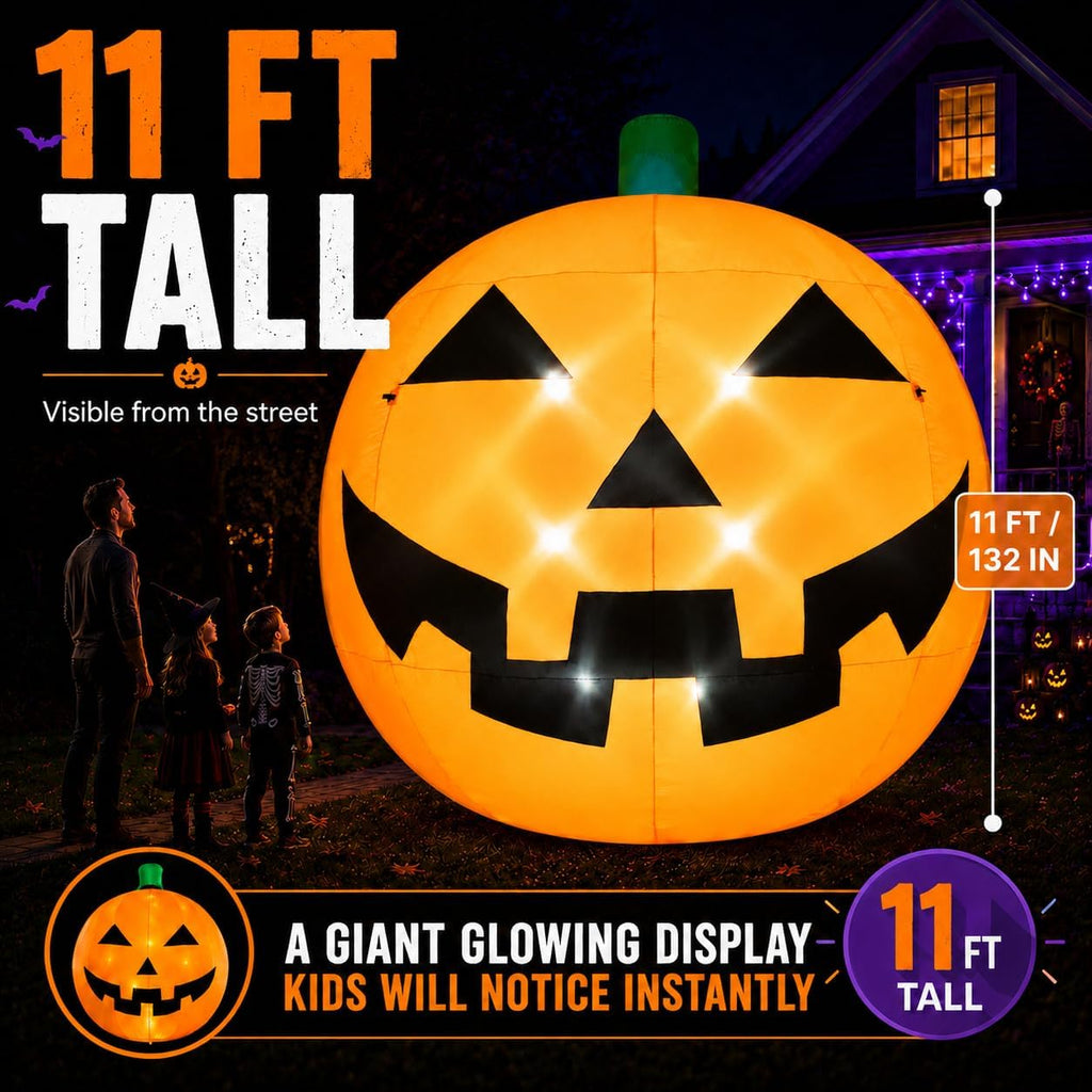 11FT Giant Halloween Inflatable Pumpkin with LED Lights, Outdoor Yard Decor