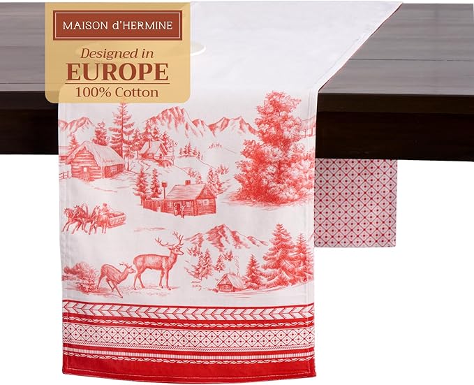 Maison d' Hermine Table Runner 100% Cotton Double Layer Table Runners 72 inches Long for Thanksgiving Christmas Decorations Home Kitchen Dining Party Wedding (Winter Jouy, 14.5" x 72")