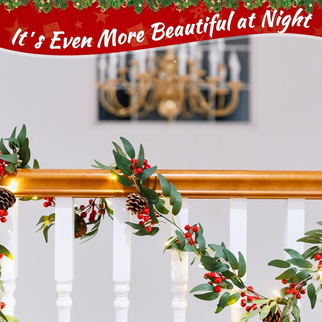 2 Pack 6FT Pre-lit Christmas Garland with Lights - Artificial Holly Berries Garland with Greenery and Pine Cones for Indoor Outdoor Holiday Decor Fireplace Mantle Stair Railing Table Windows