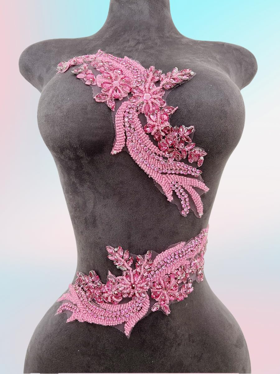 Handmade Rhinestones lace Trim Patches Handsewing Beads Bodice Applique for D...
