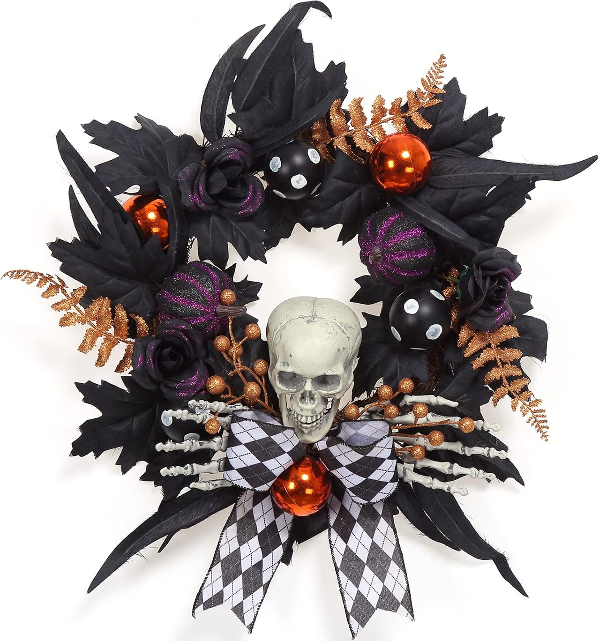 Halloween Wreath for Front Door Halloween Skeleton Decorations, 20 Inch Pumpkin Wreath with Skull Black Roses Maple Leaves for Window Indoor Outside Home Party Decor