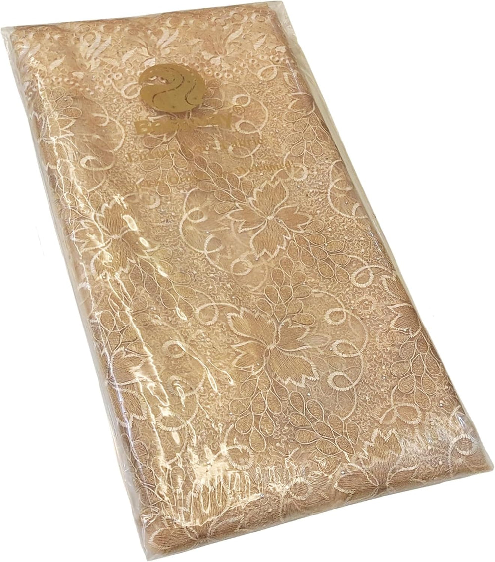 Bestway African Lace Fabric 5 Yards Beige Rhinestones Embroidery French Tulle...