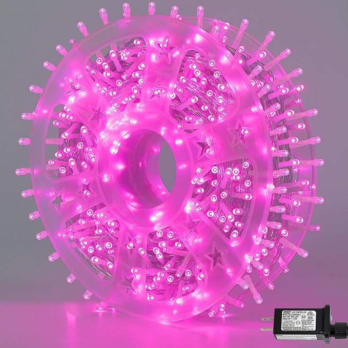 YEGUO Pink String Lights Outdoor Waterproof, 165ft 500 LED Christmas Lights Indoor, 8 Modes Clear Wire Fairy Light Plug in for Party Tree Valentines Wedding