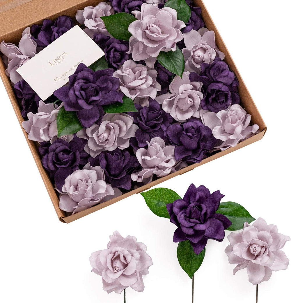 Ling's moment Purple Artificial Gardenia Flowers with Stems, 25 pcs