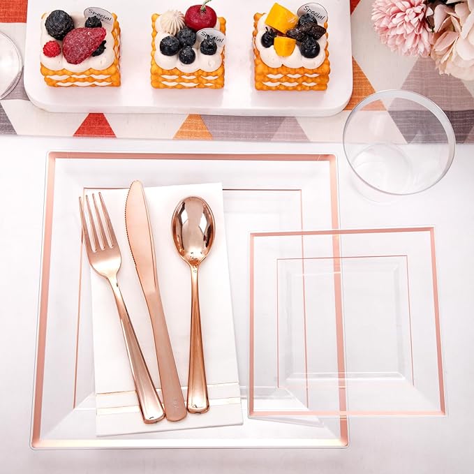 Festiva 350Pcs Rose Gold Plastic Plates - Clear Rose Gold Disposable Dinnerware Sets for 50Guests include 100 Plates 50 Cups 50Plastic Cutlery 50Napkins Perfect for Party&Wedding&Mother's Day