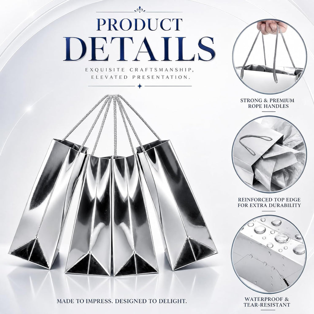 silver gift bags with tissue paper, metallic finish, close-up detail