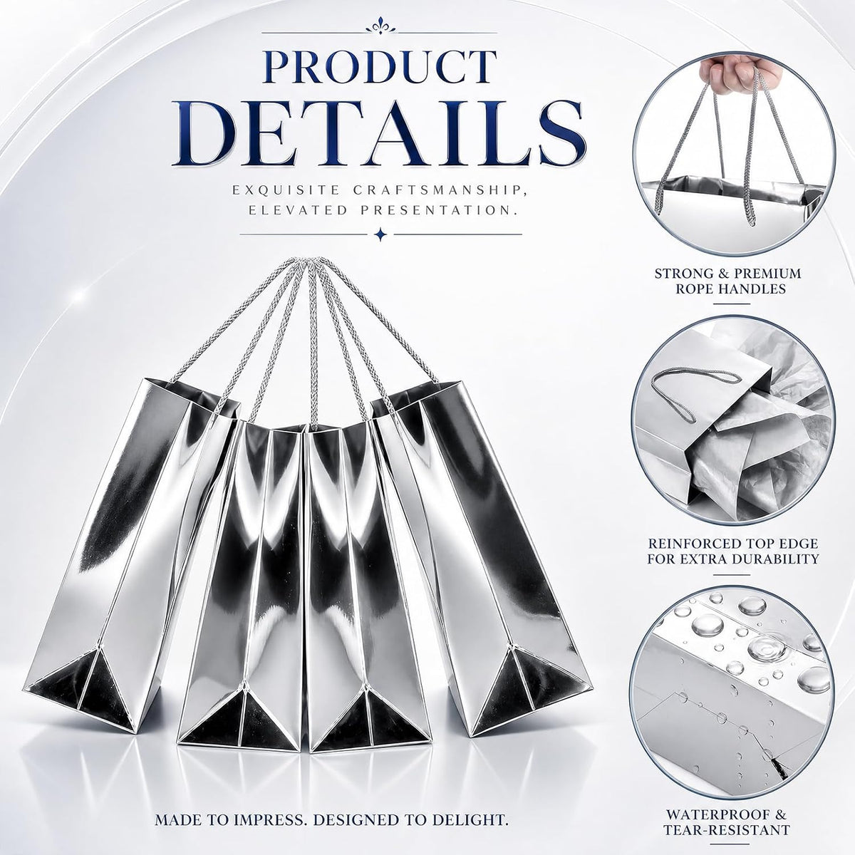 silver gift bags with tissue paper, metallic finish, close-up detail