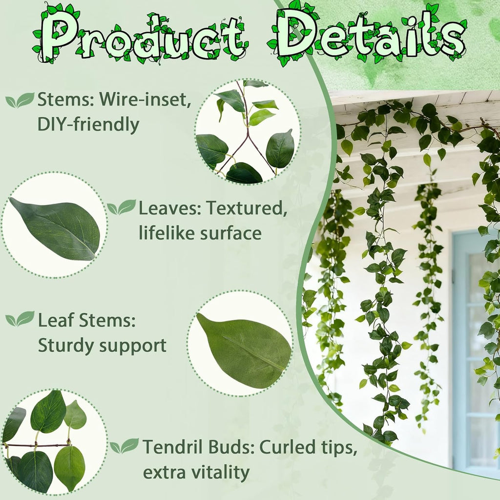 ucky 4Pack Total 24FT Green Fake Vines Ivy Leaves Vines for Bedroom Greenery Garland Fake Leaves Leaf Wall Decor Faux Hanging Vines Plants Outdoor Garland