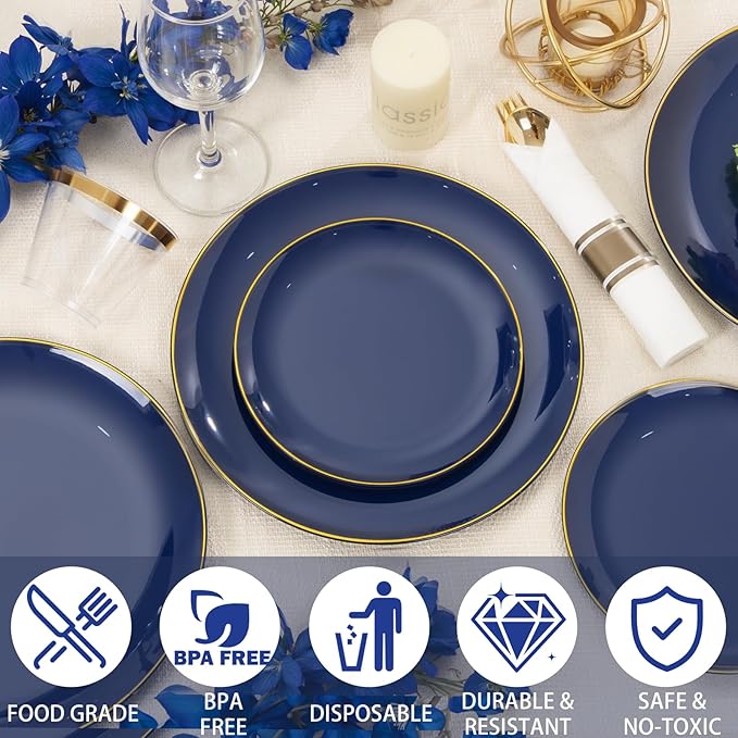 KIRE 175Pcs Blue Plastic Plates - Navy Blue Plates Disposable - 25 for Dinner 25 for Dessert 25 Pre Rolled Napkins with Gold Plastic Silverware and 25 Cups for Birthday Party/Wedding