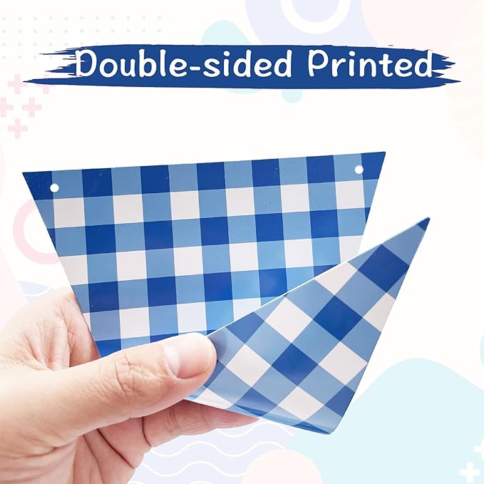 2 Pieces Blue Checkered Flags Banner, Double Sided Blue and White Gingham Bunting Garland for Summer BBQ Picnic Wedding Baby Shower Birthday Party Decorations Supplies