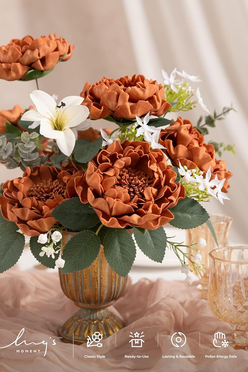Ling's moment Burnt Orange Artificial Peony Flowers with Stems, 16 pcs