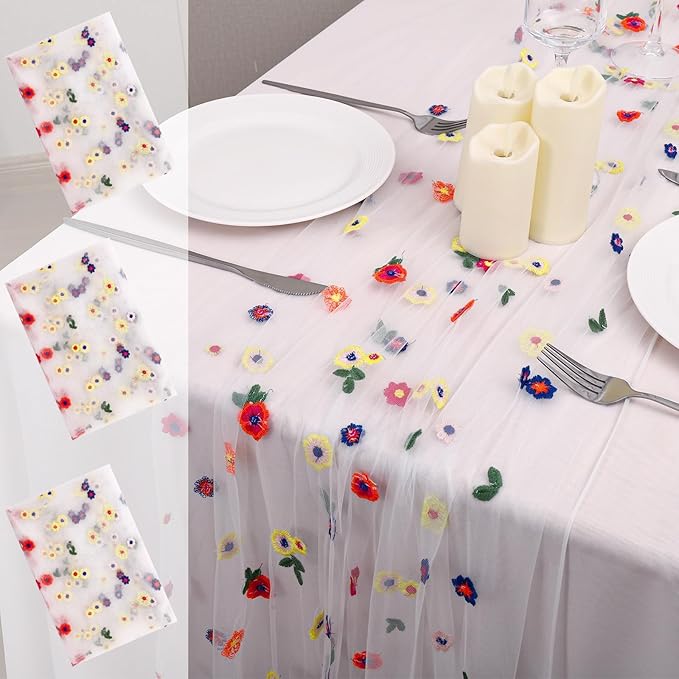3PCS Lvory Floral Table Runner 10 FT, Embroidery Daisy Table Runners Seasonal Sheer Tulle Table Runner for Thanksgiving Wedding Birthday Baby Shower Party ﻿