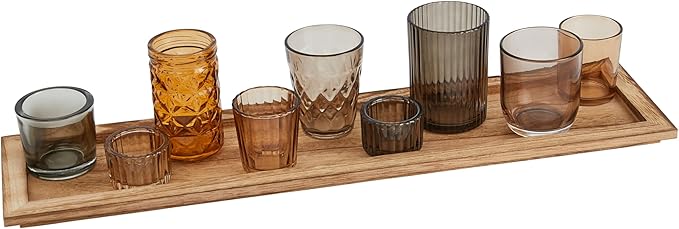 Wood Tray with 9 Brown Glass Votive Holders (Set of 10 Pieces)