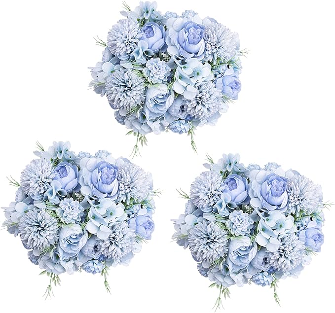 6 Pack Artificial Flowers, Fake Faux Peony Silk Hydrangea Plastic Carnations Daisy Realistic Flower Arrangements for Wedding Decoration Table Centerpieces, for Home Office Party Decor (Blue)