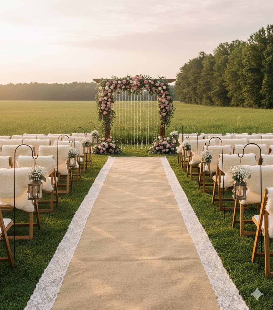 Premium Burlap Outdoor Wedding Aisle Runner with 5" Wide Ivory Lace Atta...