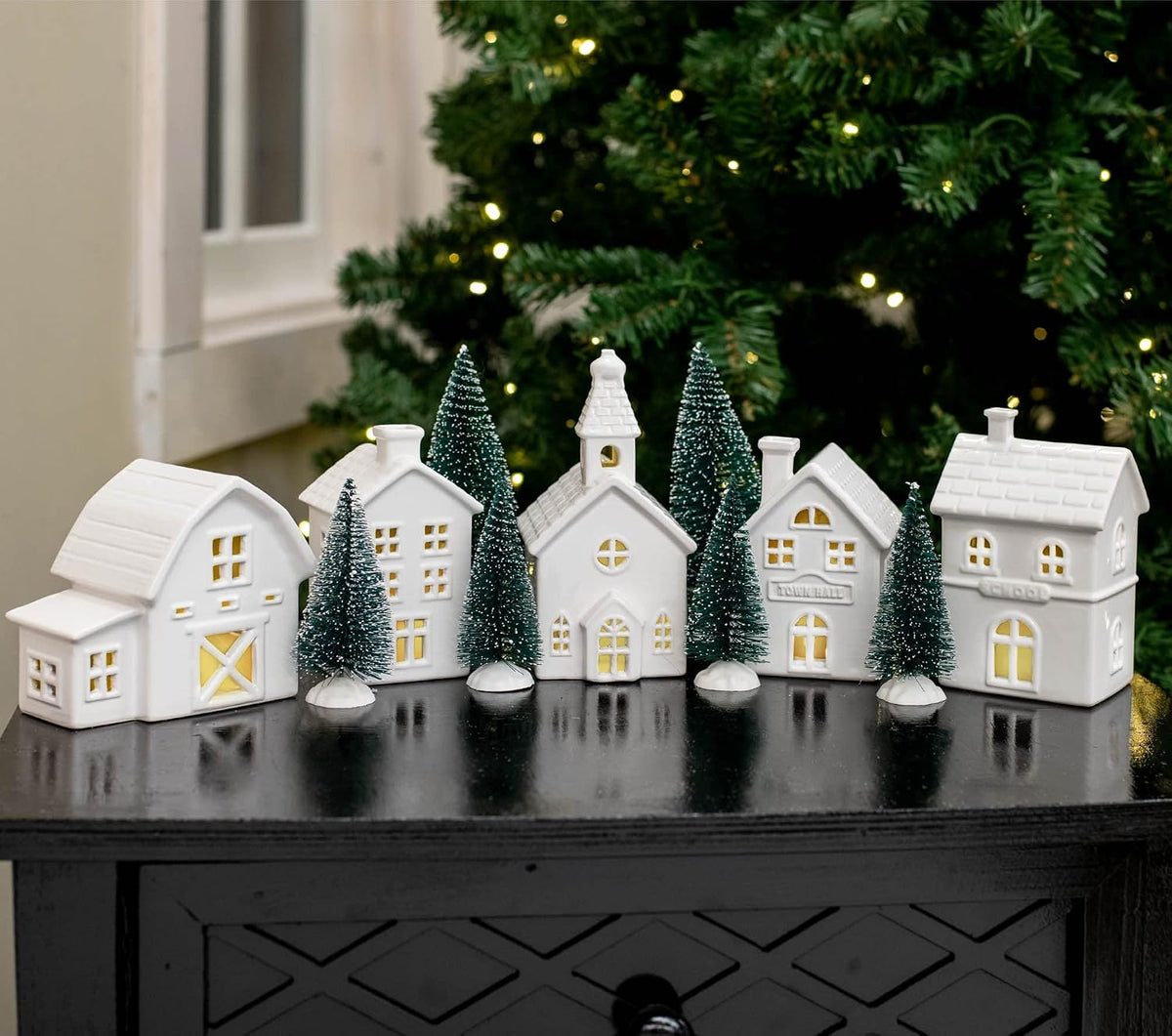 mark feldstein village with trees porcelain figurines, set, package contents