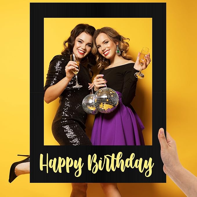 32 x 24 Inch Large Photo Booth Props Picture Frame Happy Birthday Party Frame DIY Cutouts Photo Booth Props Selfie for Party Supplies Favors(Black Gold,Happy Birthday)