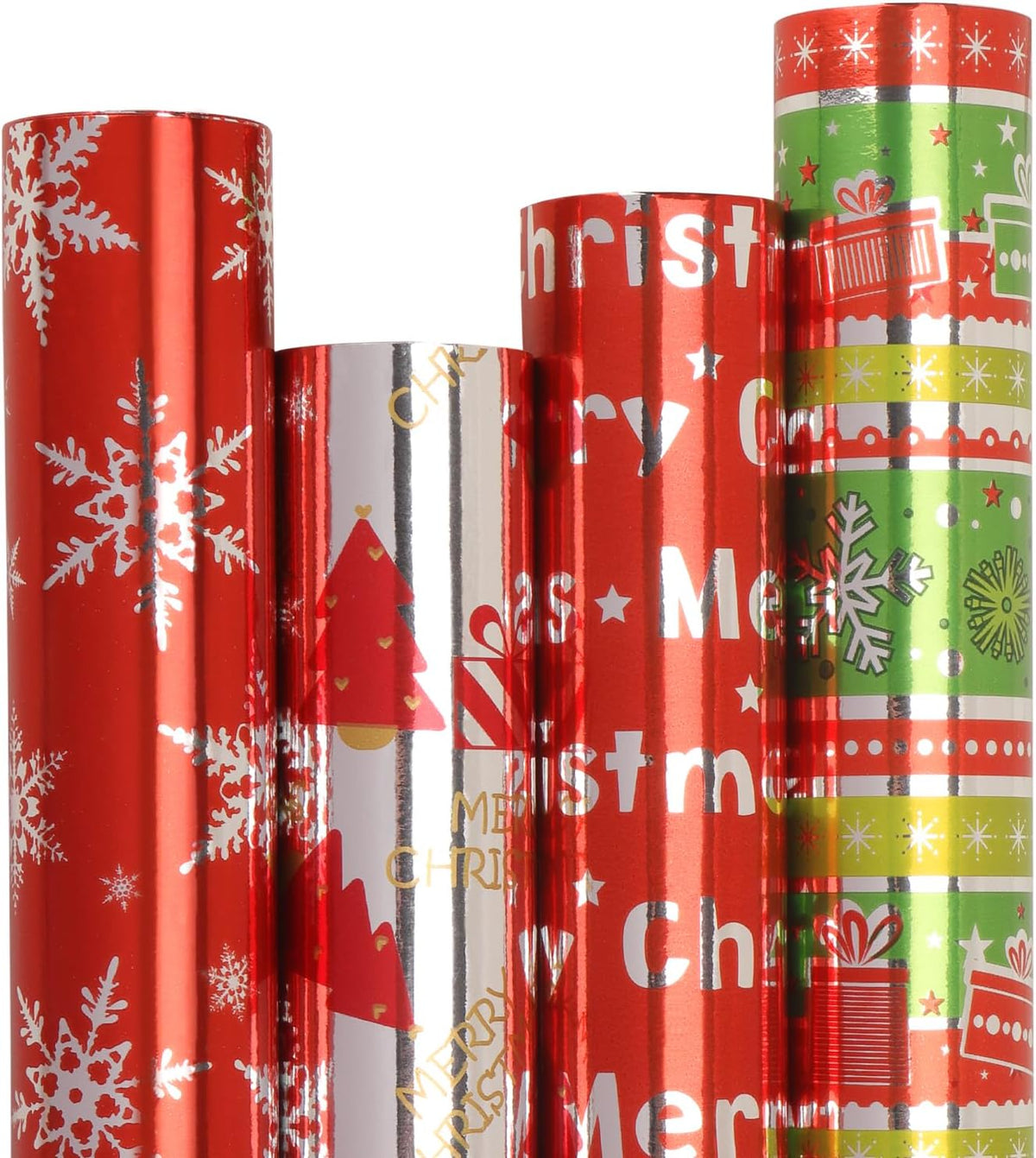 Ribbli Christmas Wrapping Paper 4 Rolls Green Silver Red Metallic Foil Shine Printed Gift Wrapping Paper Rolls, 30 Inch x 10 Feet Per roll