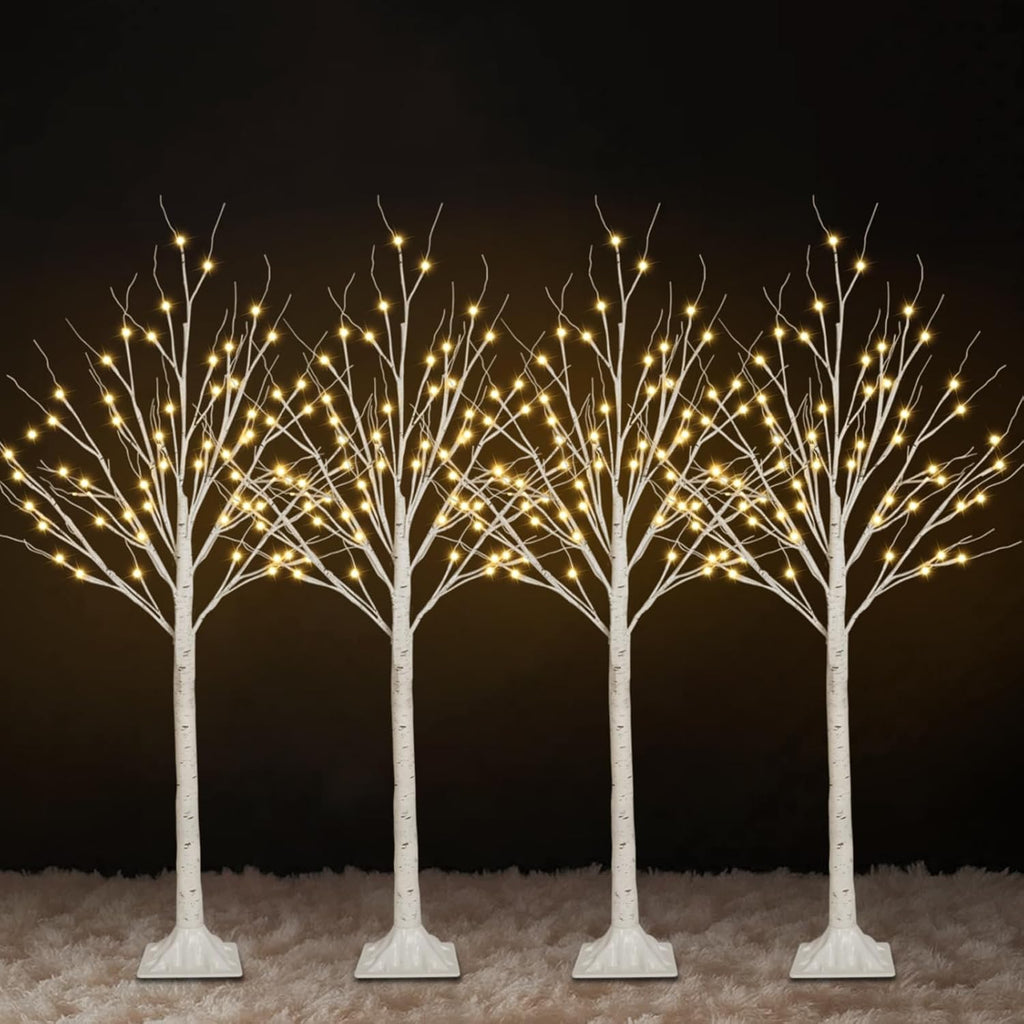 4 Pack 4FT Lighted Birch Trees, 192 LED Twinkling Trees, 2 Lighting Modes
