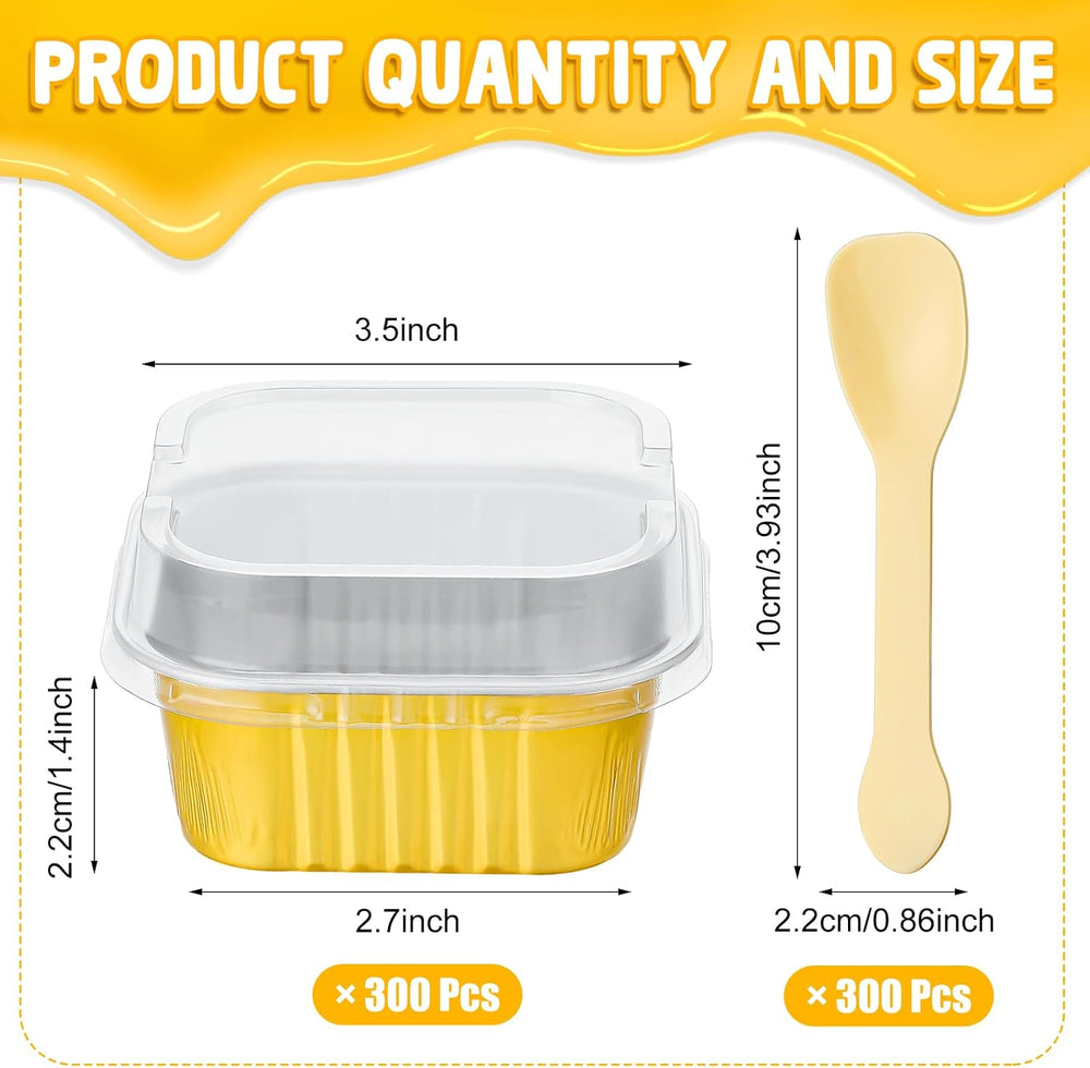Hushee 300 Set Aluminum Foil Baking Cups with Lid Spoons, Square, Gold