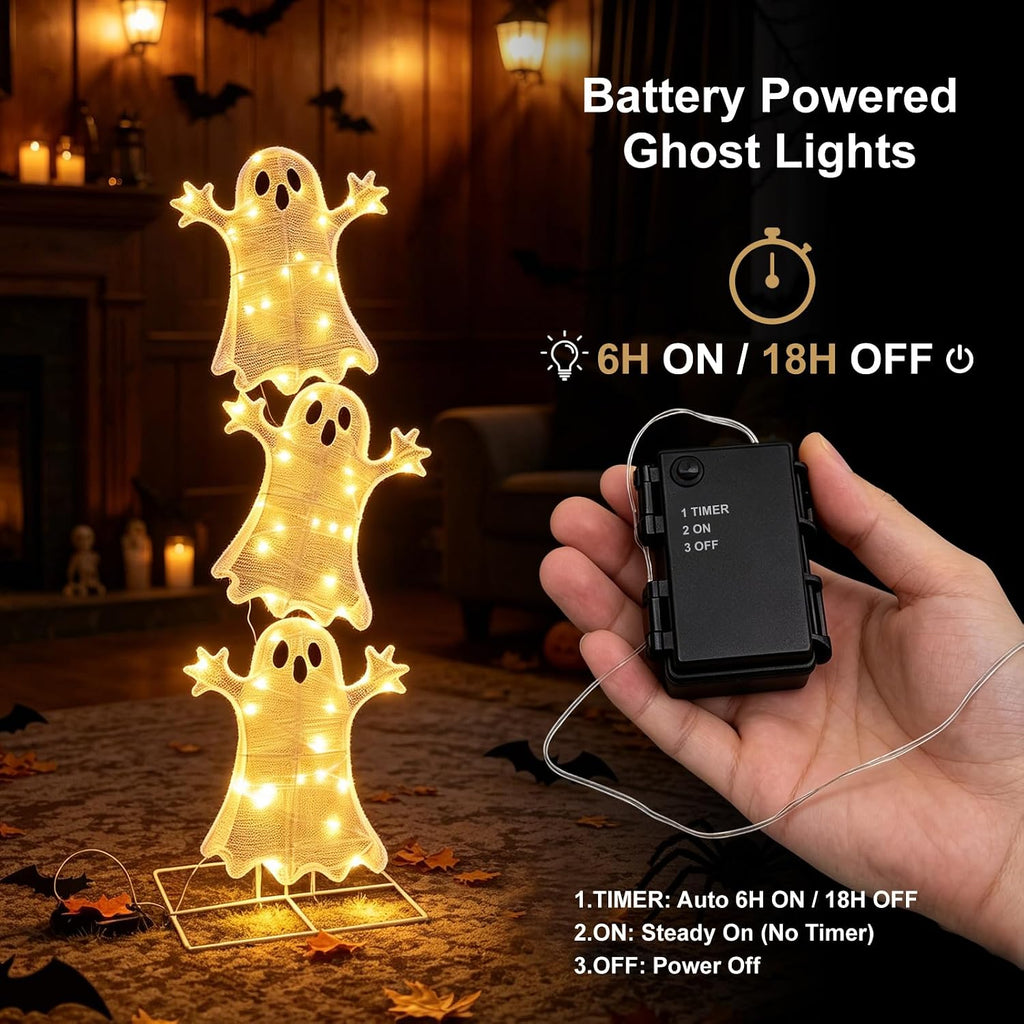 halloween decorations lighted 3 stacked ghosts, freestanding led, close-up detail