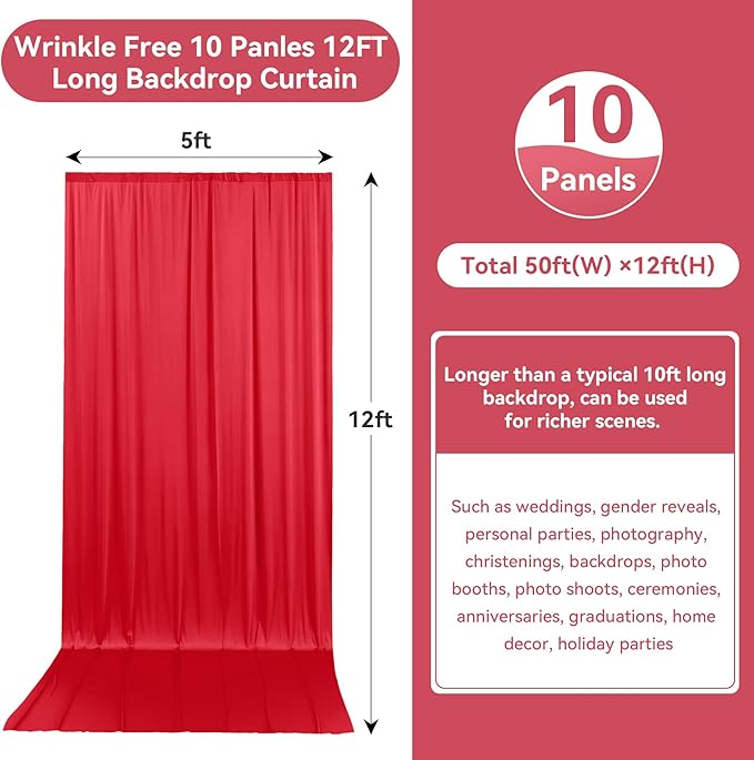 50ftx12ft Wrinkle Free Red Backdrop Curtain, 10 Panels 12FT Height Red Wedding Backdrop Drapes, Silky Polyester Back Drop Cloth for Birthday Photography Background Party Backdrop Draping