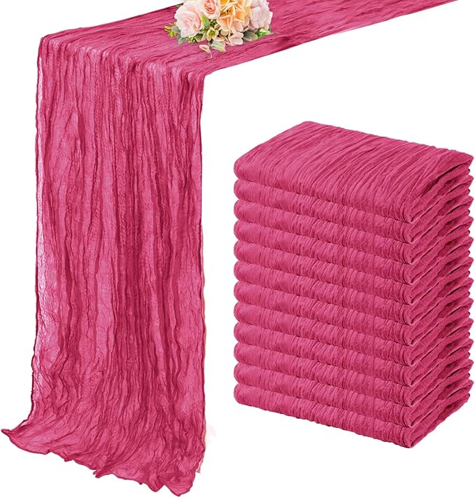 Hot Pink 12 Pack Cheesecloth Table Runner 10FT Boho Fabric Rustic Cheese Cloth Table Runner for Wedding 20 x 120 Inch Long Bridal Shower Baby Shower Gauze Sheer Birthday Party Table Decorations