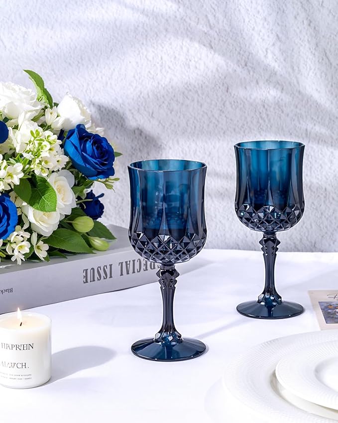 Ciaell 24PCS Blue Plastic Wine Glasses - 7 Oz Plastic Goblets for Party - Blue Vintage Drinking Glasses - Disposable Water Goblets Set for Wedding, Bar, Wine, Beer, Juice, Cocktail & Halloween