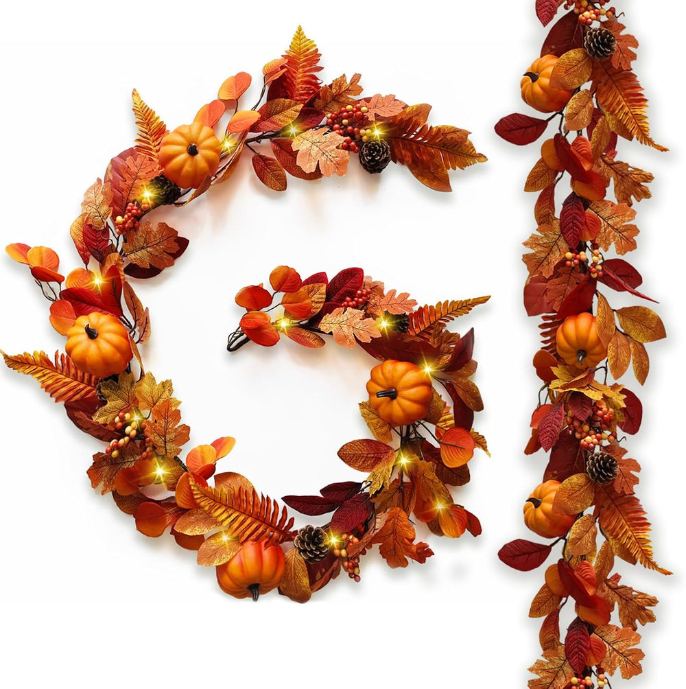 2 Pcs 6Ft Fall Garland with Lights Fall Decorations for Home Fake Pumpkin
