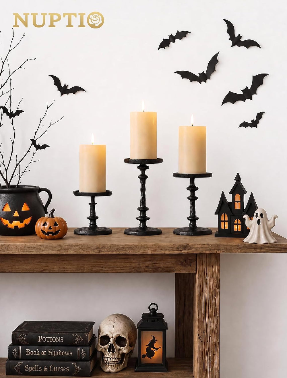 NUPTIO Black Candle Holders for Pillars: Cast Iron Candle Stand Set of 3